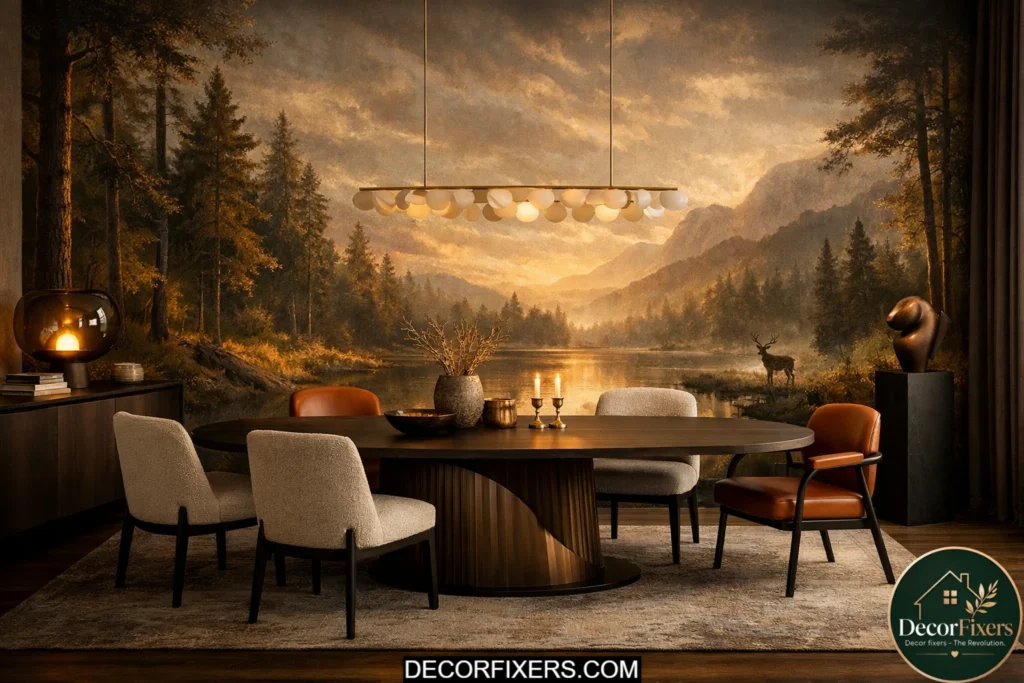 Scenic landscape mural covering a dining room accent wall in a luxury modern interior