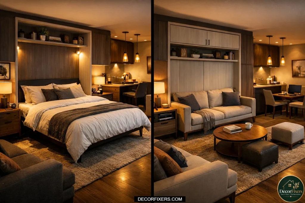 Studio apartment showing a Murphy bed folded down for sleeping on one side and folded into the wall to reveal a spacious living area on the other