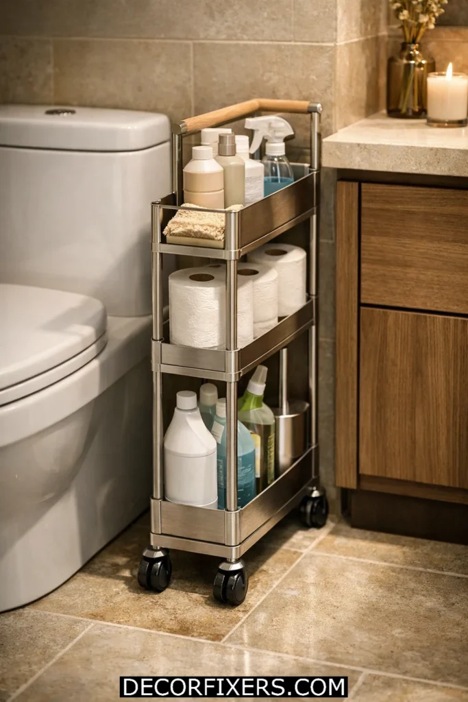 Narrow rolling bathroom organizer cart fitting beside toilet with storage shelves for toiletries and towels
