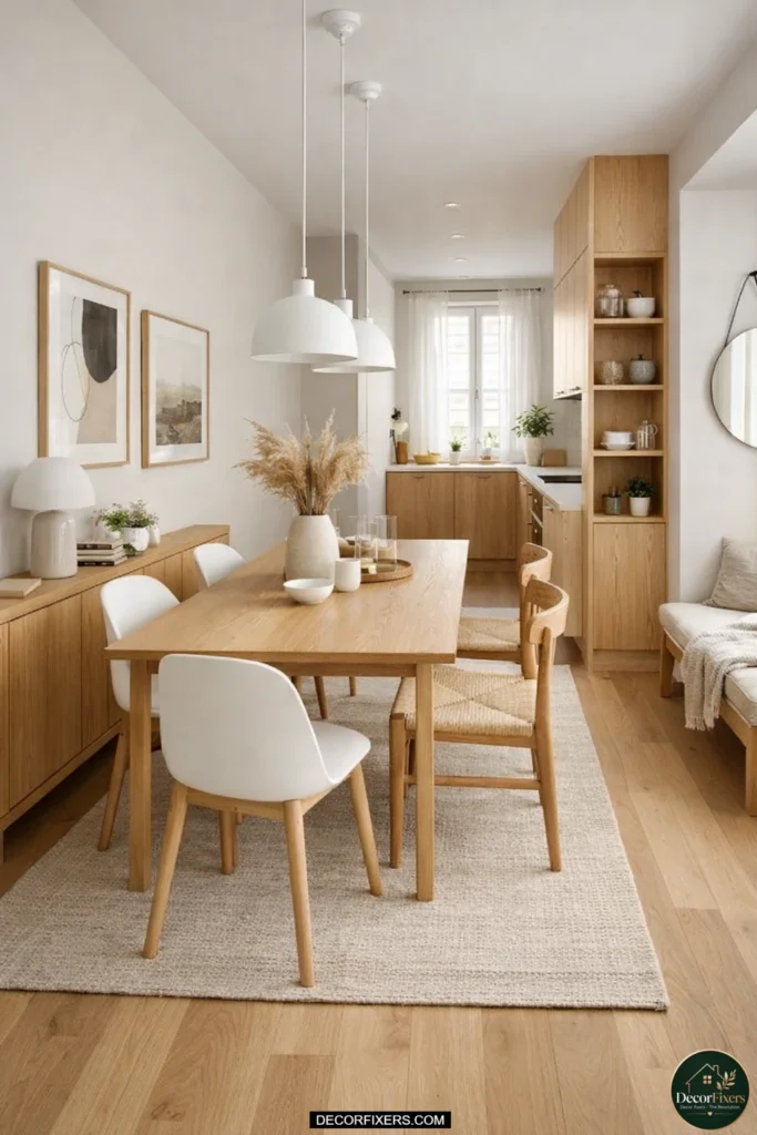 Narrow dining room with table aligned along longest wall
