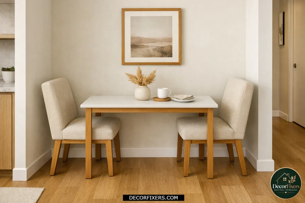 Narrow rectangular dining table in a slim apartment dining area.