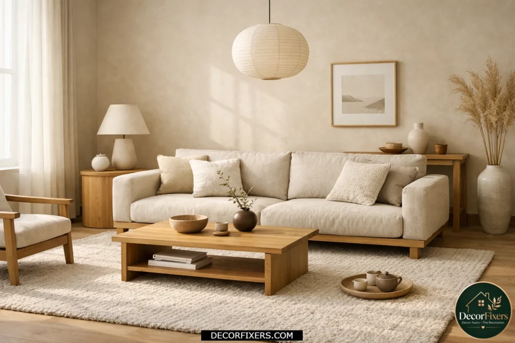 Japandi living room with natural linen sofa and warm textures