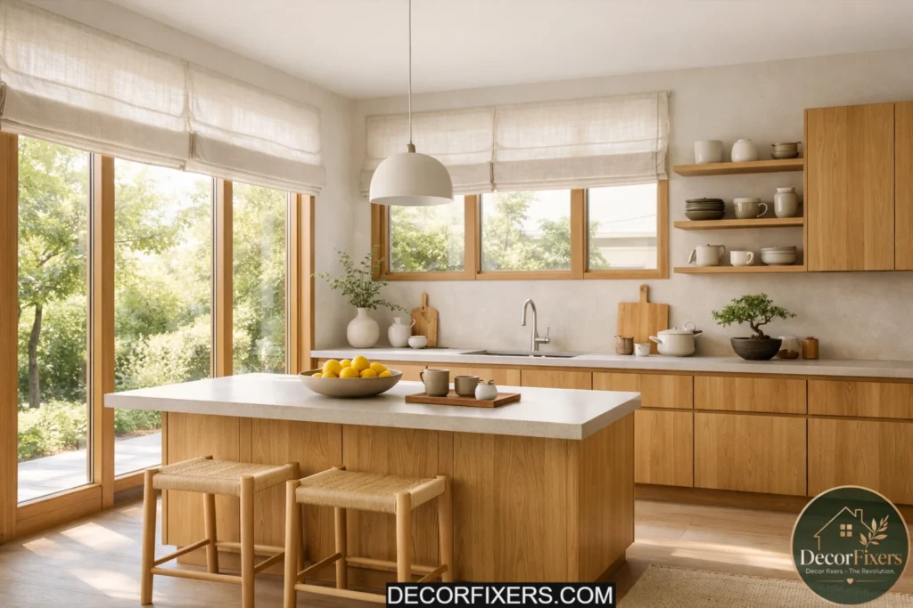 Japandi kitchen filled with natural light and minimalist warm wood decor.