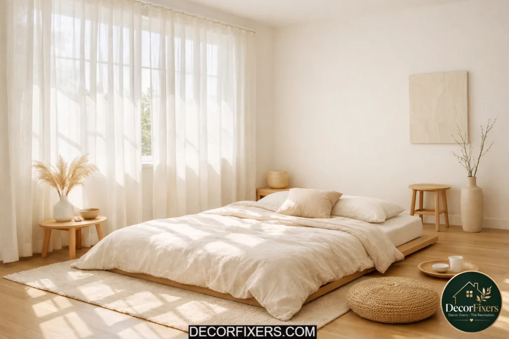Sunlit minimalist bedroom with sheer curtains and airy neutral decor