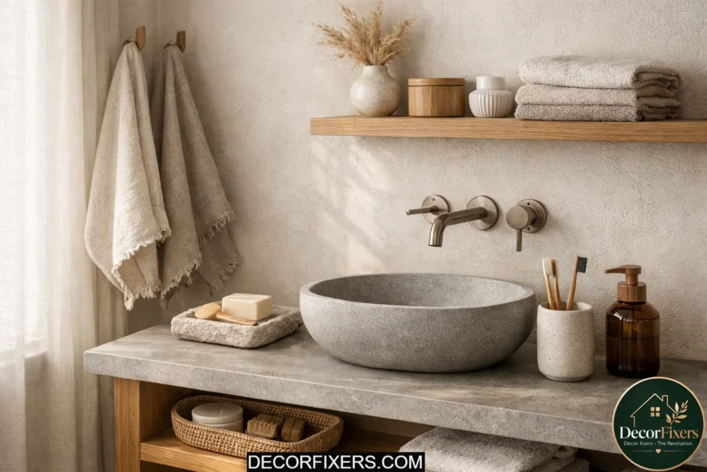 Japandi bathroom with linen towels, stone accessories, and organic textures