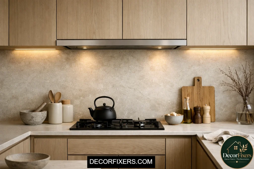 Matte limestone backsplash in Scandinavian kitchen