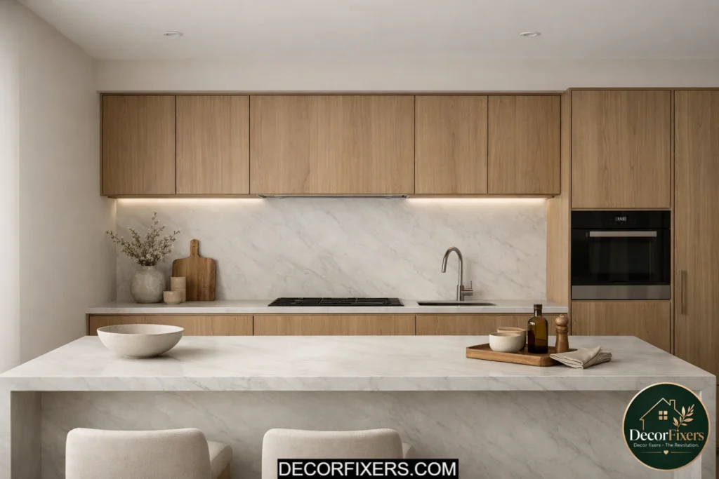 Minimalist kitchen with honed marble surfaces and oak cabinetry