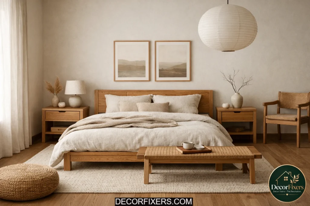 Minimalist bedroom with warm oak wood tones and neutral textures