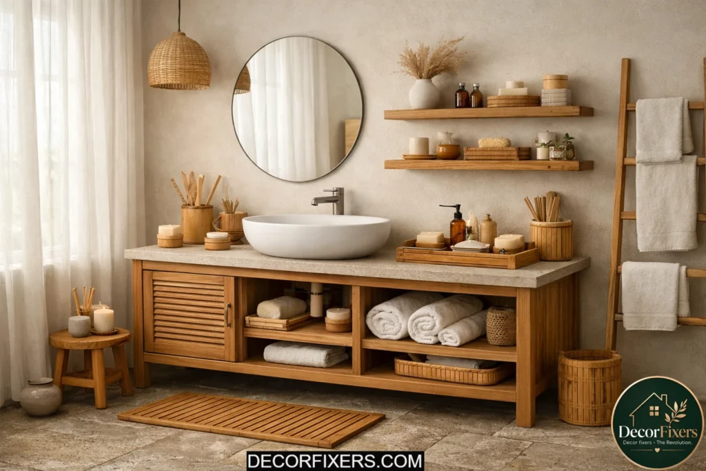 Japandi bathroom with teak wood vanity and warm organic textures