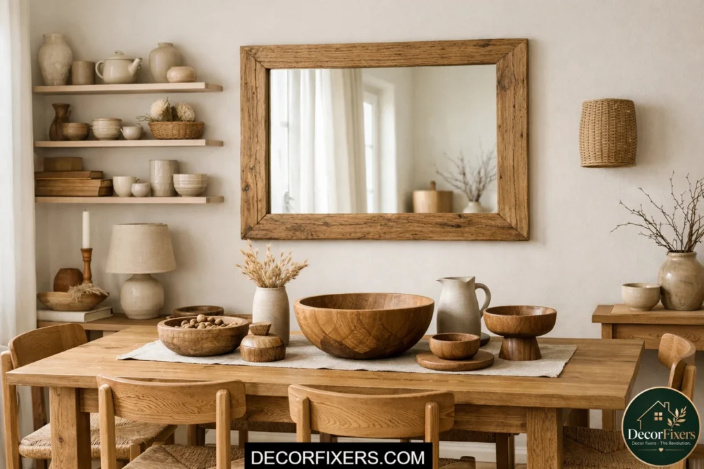 Scandinavian dining room styled with layered light wood accessories and oak furniture