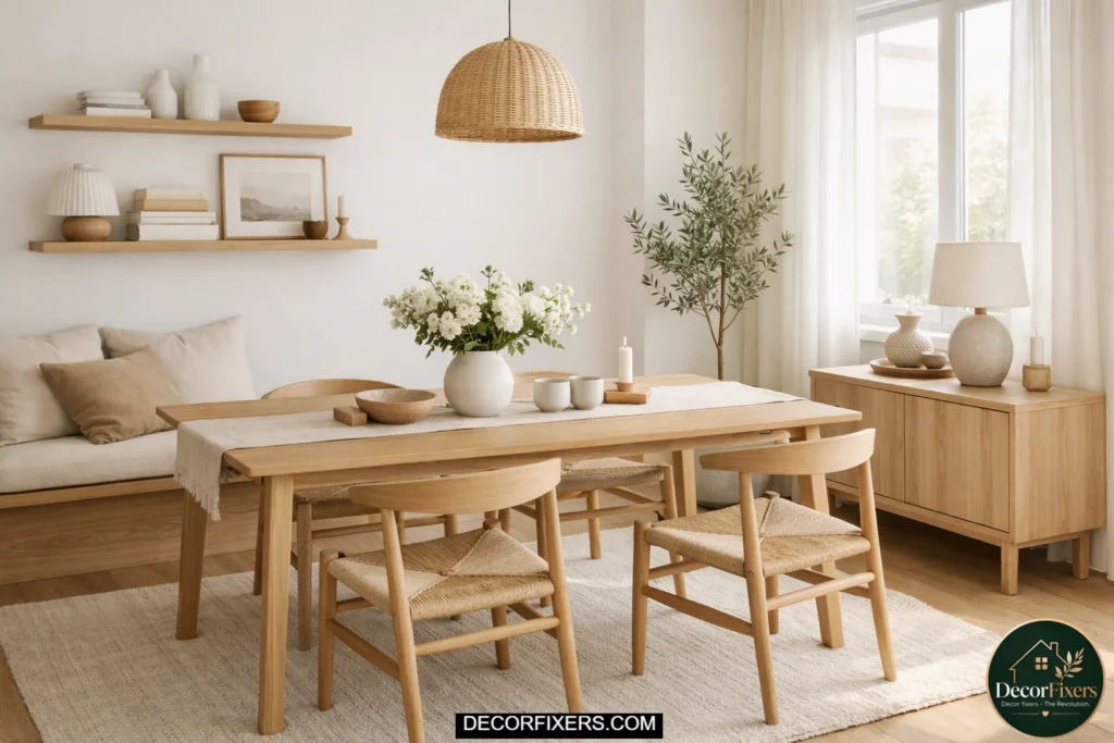 Natural wood tones warming small modern dining room
