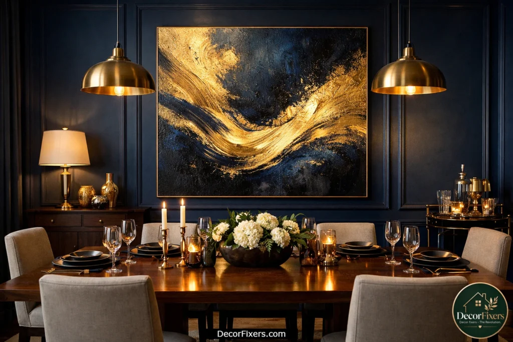 Navy blue and gold abstract canvas wall art in a luxury dining room setting