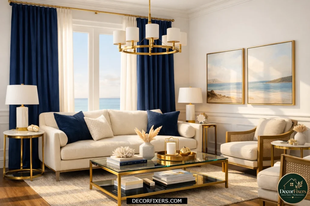 Navy blue curtains paired with white walls in a luxury living room.