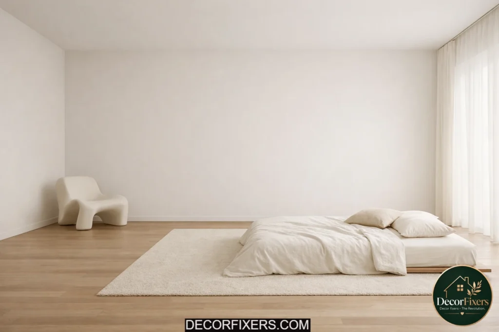 Minimalist bedroom using negative space for a calm open atmosphere