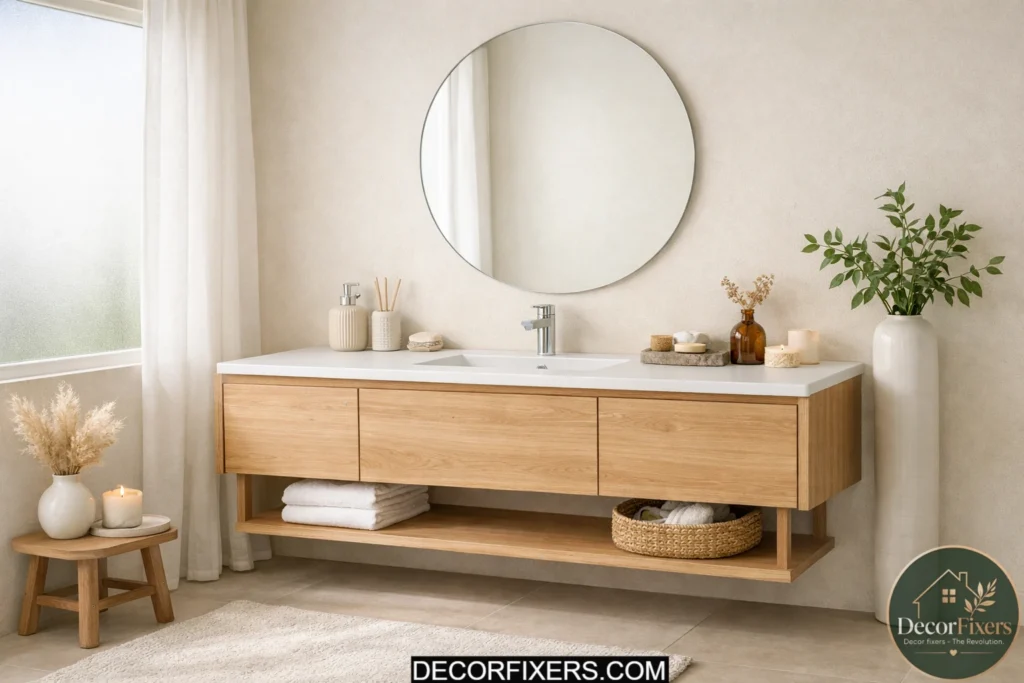 Minimal Nordic bathroom emphasizing negative space and uncluttered surfaces.