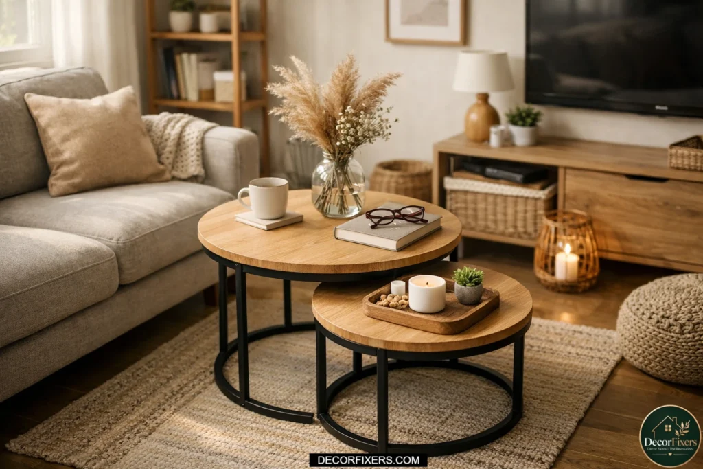 Stylish nesting tables partially pulled apart beside a sofa as a multifunctional small-space furniture solution in a Scandinavian-styled apartment