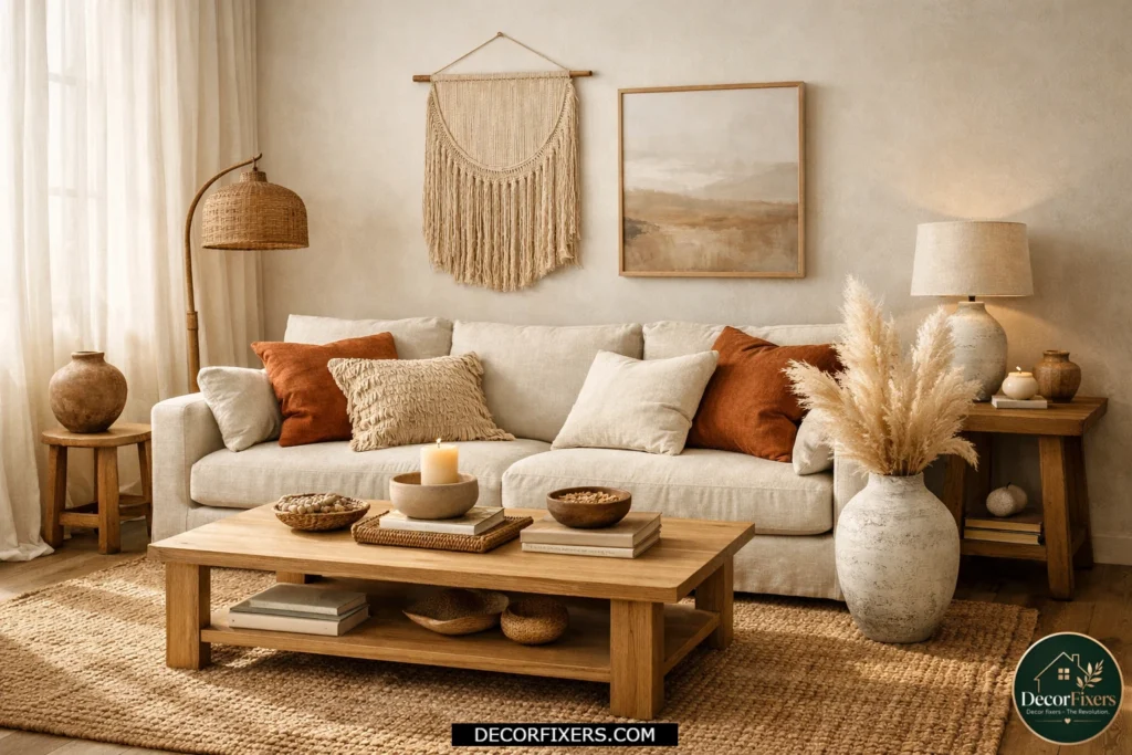 Neutral boho living room with beige sofa, jute rug, and earthy layered decor
