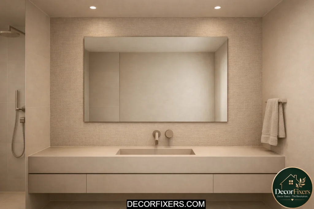Warm greige minimalist bathroom with matching walls trim and grout creating a seamless calming look