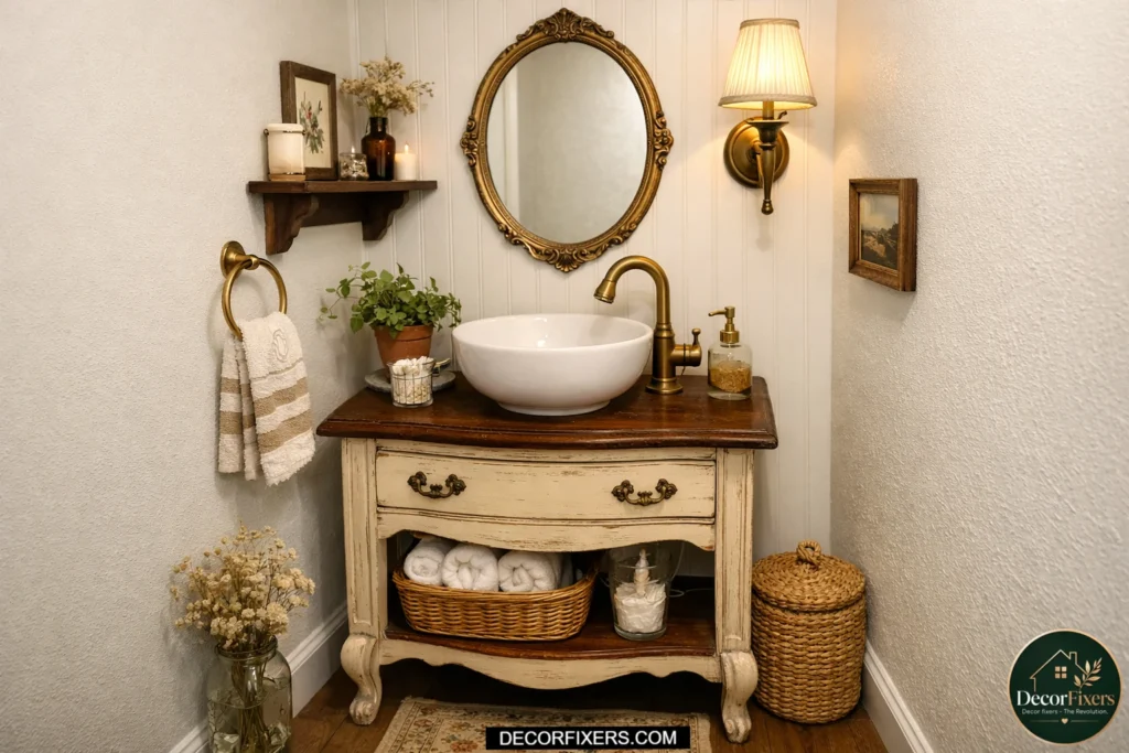 Repurposed nightstand transformed into a compact bathroom vanity