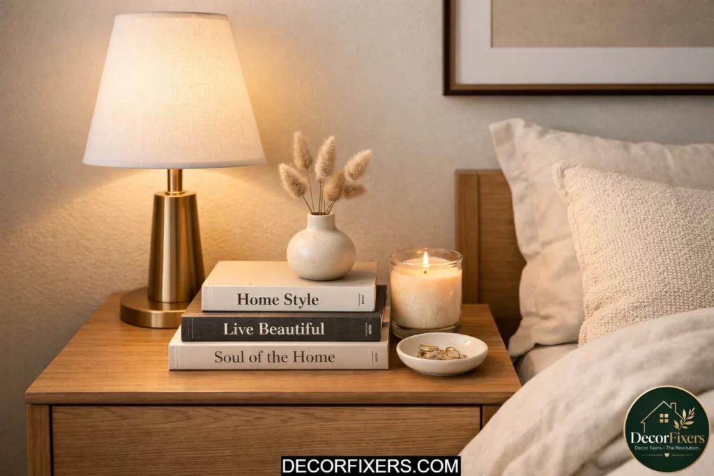 Styled bedside table with lamp books candle and modern bedroom accessories