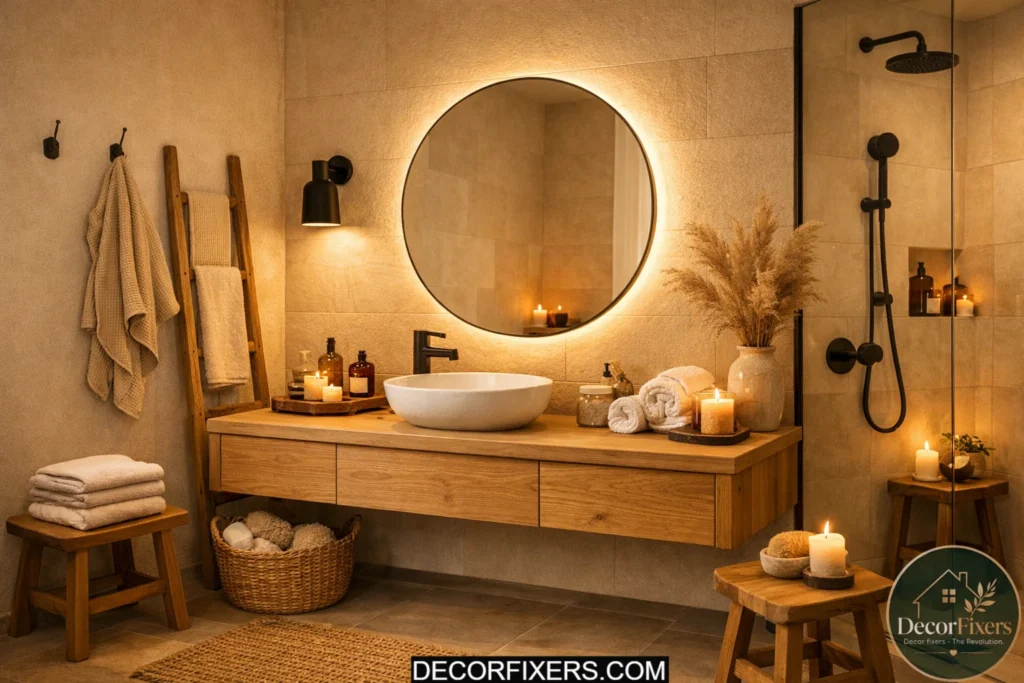 Scandinavian spa bathroom with overhead rain shower and minimalist tile walls.