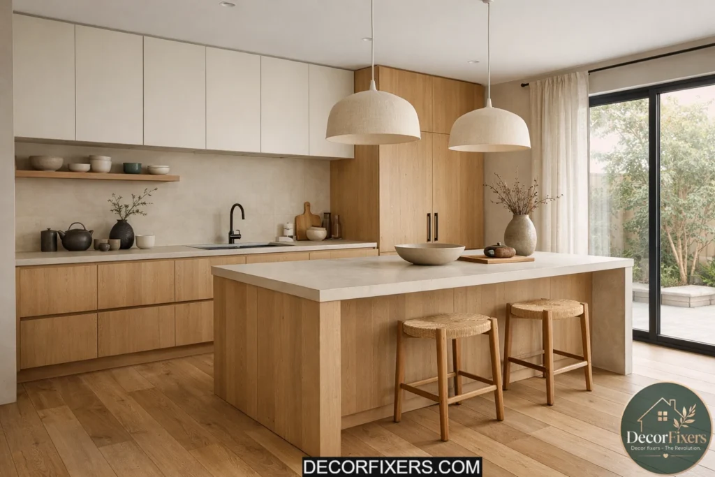 Japandi kitchen with natural oak flooring and minimalist cabinetry.