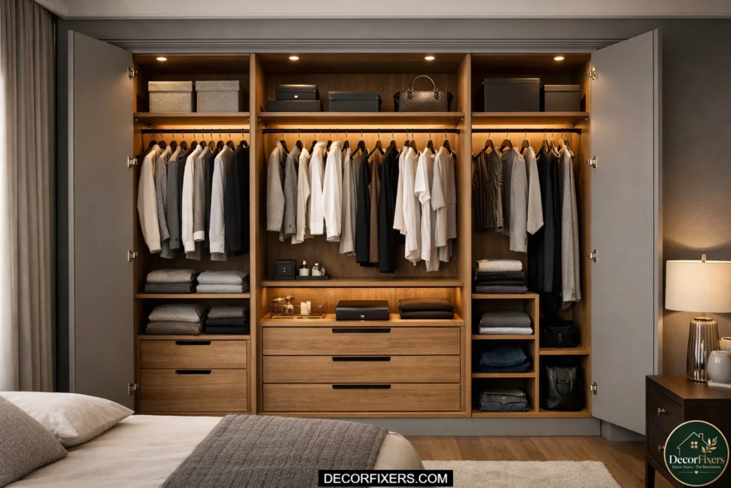 Matte painted wardrobe exterior with warm oak interior compartments