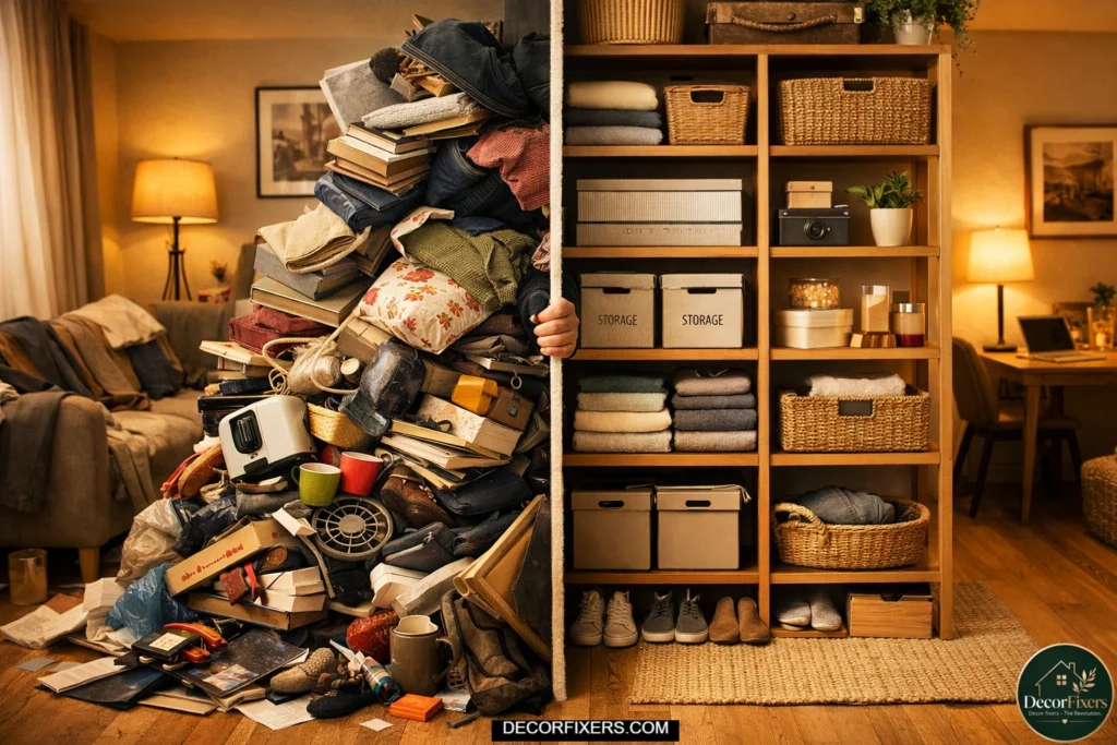 Small apartment scene split to show clutter entering one side while a minimal organized space exits the other, illustrating the one-in-one-out decluttering rule