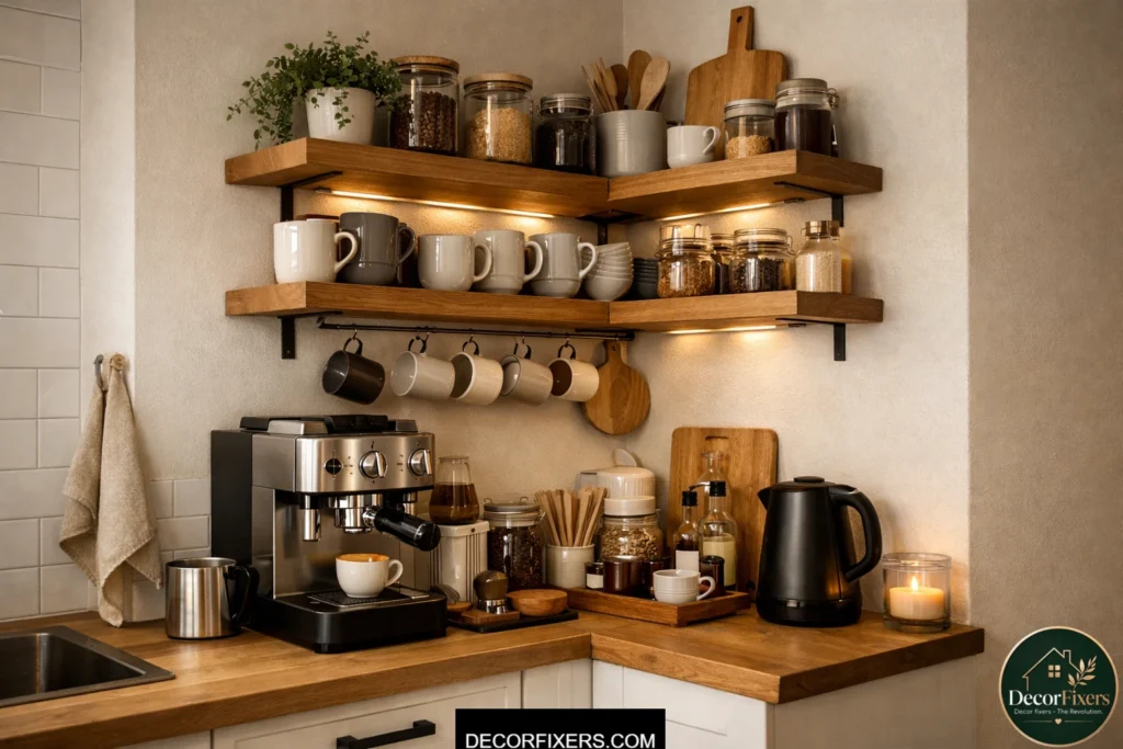 Open corner shelf coffee nook in a compact small kitchen