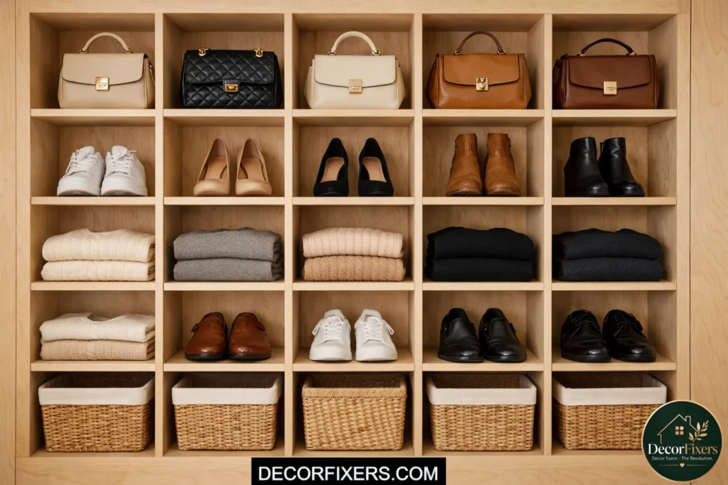 Open cubby DIY closet organizer for shoes bags and folded clothes