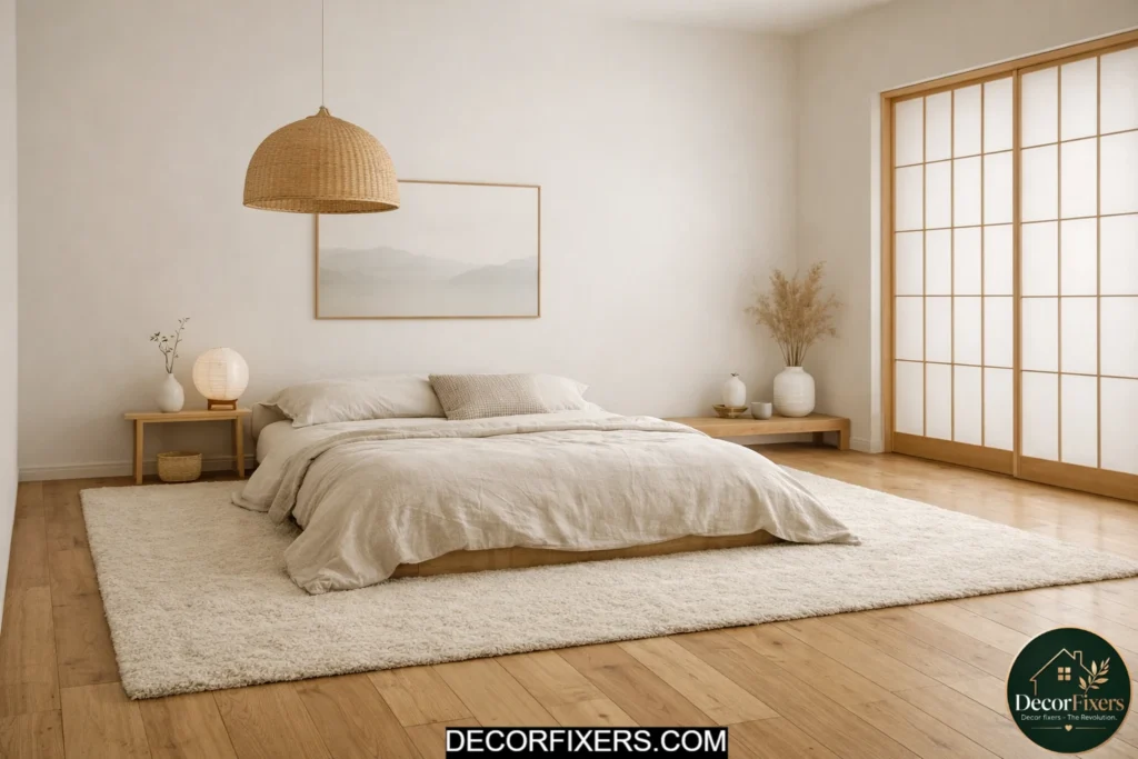 Japandi bedroom with open floor space and natural wool rug