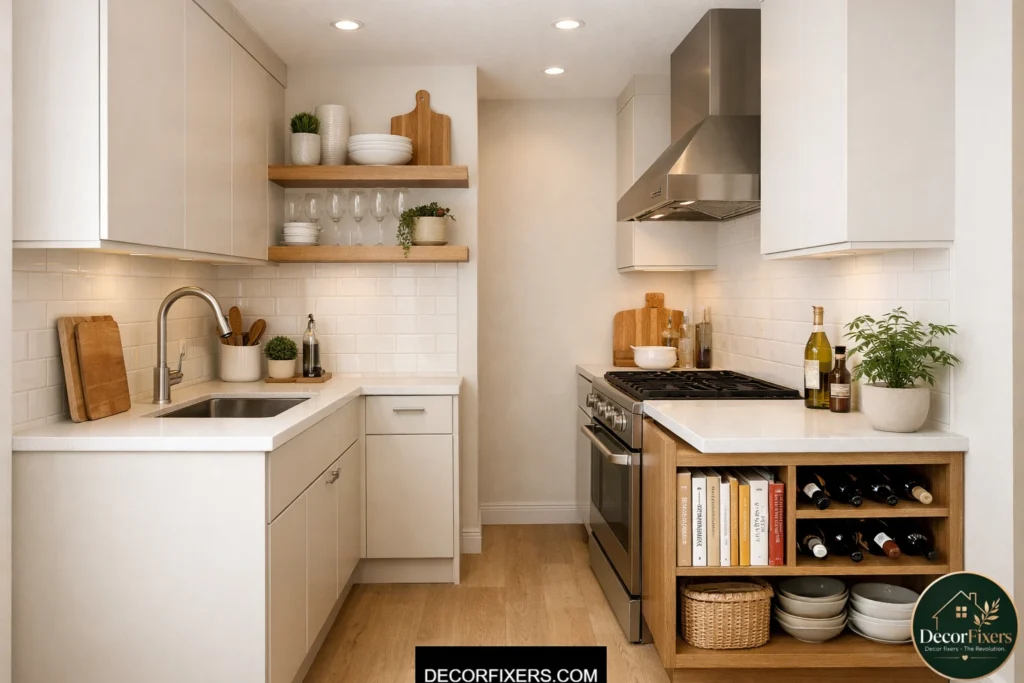 Small kitchen with mixed closed cabinets and open lower shelving accent
