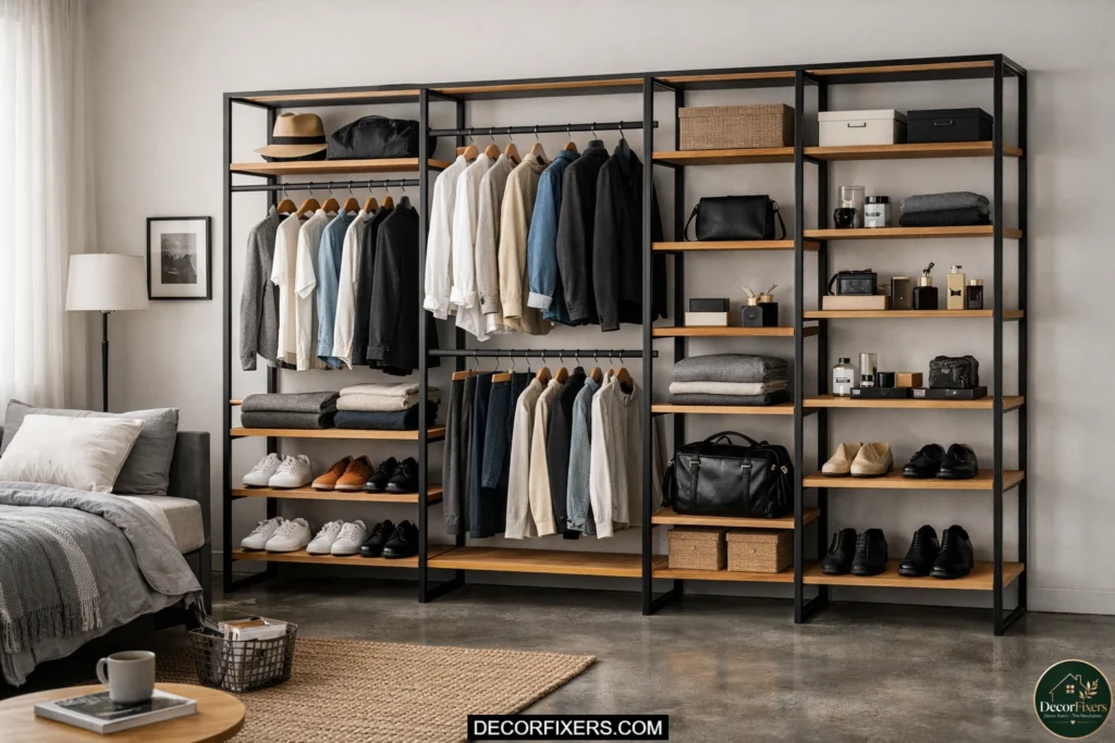 Open modular shelving wardrobe displaying organized clothing in a studio apartment.