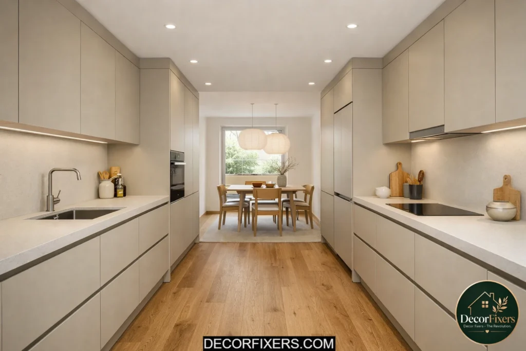 Open-plan galley minimalist kitchen with symmetrical cabinetry