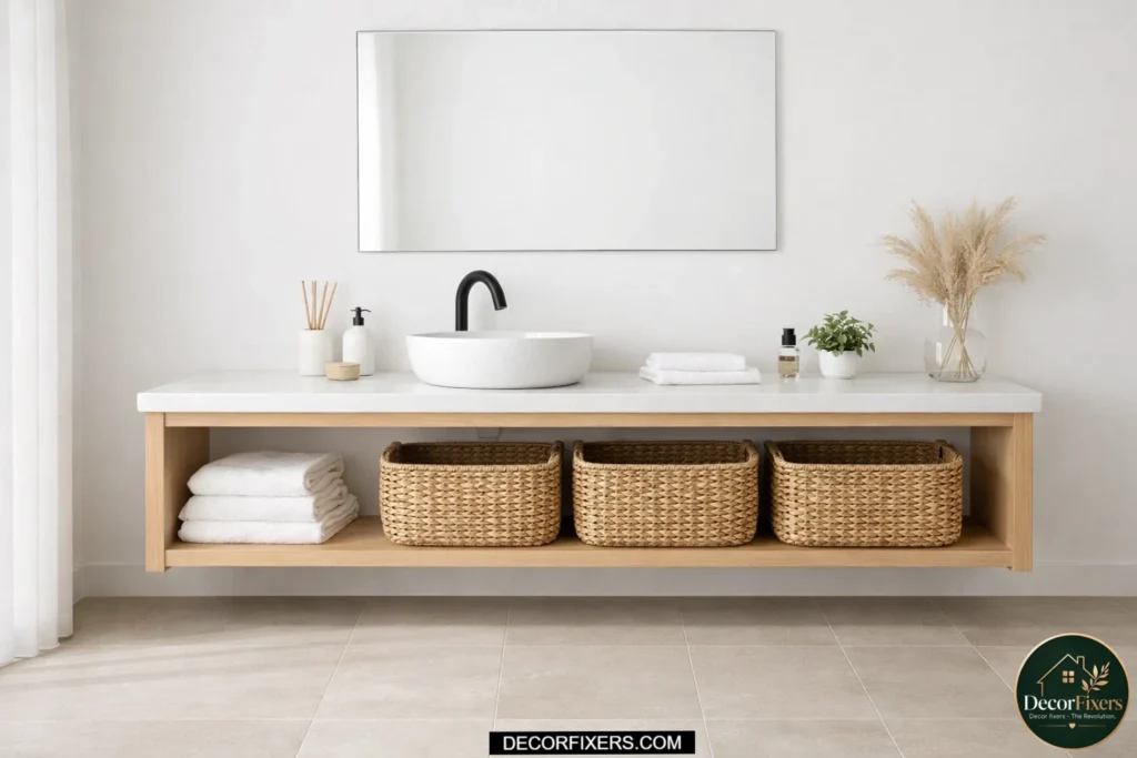 Open shelf vanity with baskets creating an airy bathroom design