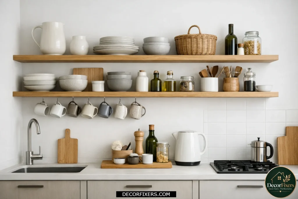 Floating open shelves displaying everyday kitchen essentials neatly.