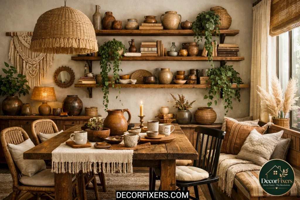 Open wooden shelves styled in a boho dining room