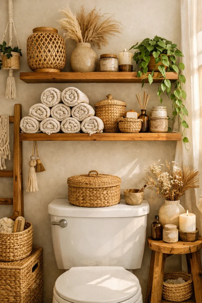 Open teak bathroom shelving styled with towels, plants, and woven baskets in a boho bathroom