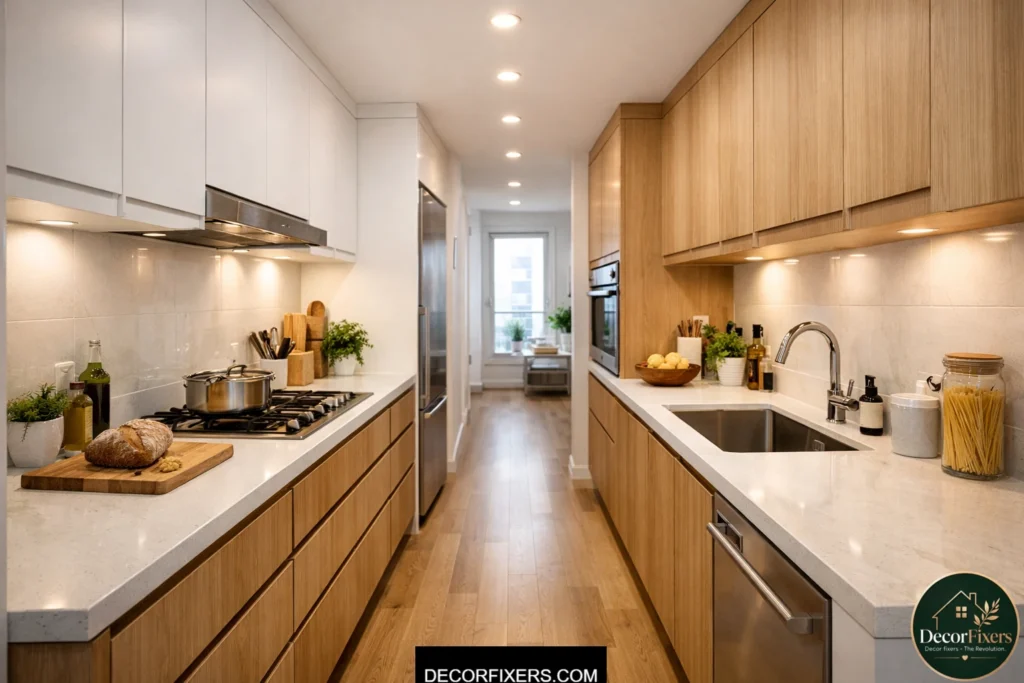 Optimized galley kitchen cabinet layout for tiny apartments and narrow spaces