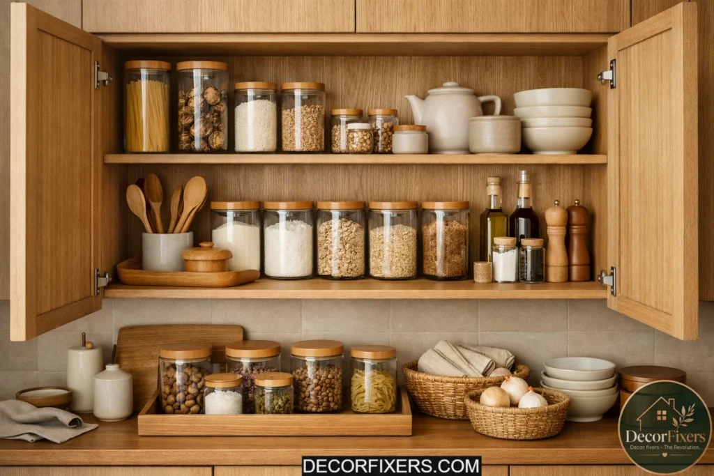 Organized Japandi kitchen cabinet interior with matching storage containers.