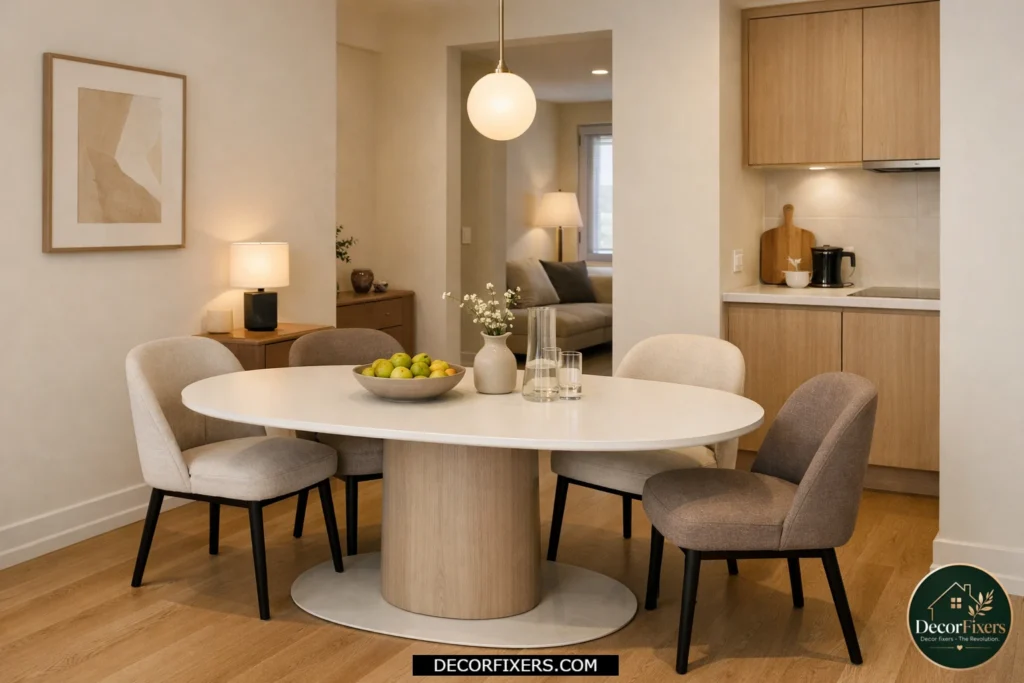 Oval dining table improving movement flow in a compact dining room.