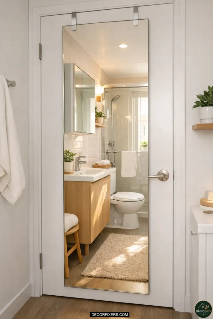 Over-door full-length mirror making a small bathroom look larger
