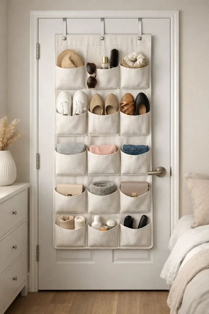 Over-the-door organizer used for shoes and accessories in a small bedroom