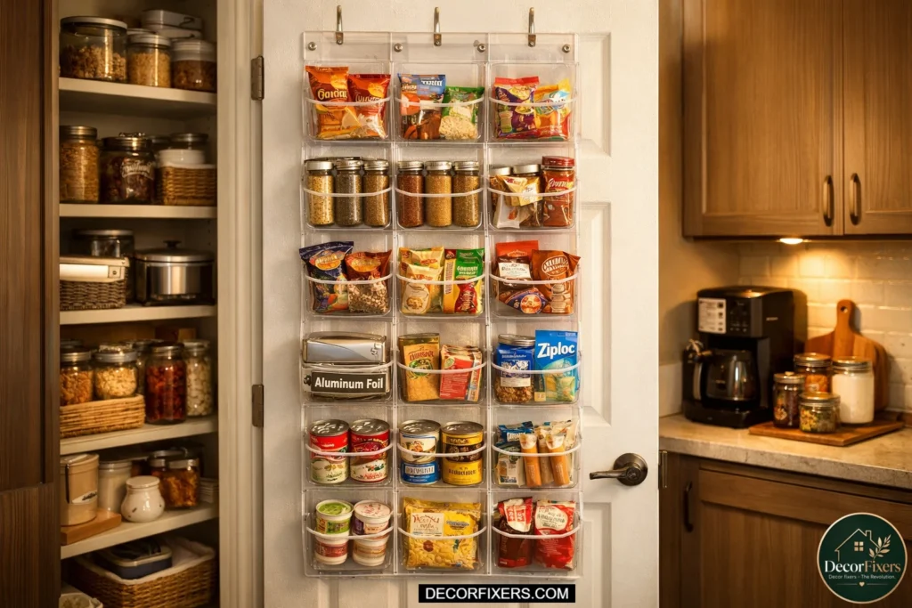 Clear hanging shoe organizer repurposed as pantry storage on a door, filled with snacks, spice jars, foil boxes, and canned goods in a compact apartment kitchen
