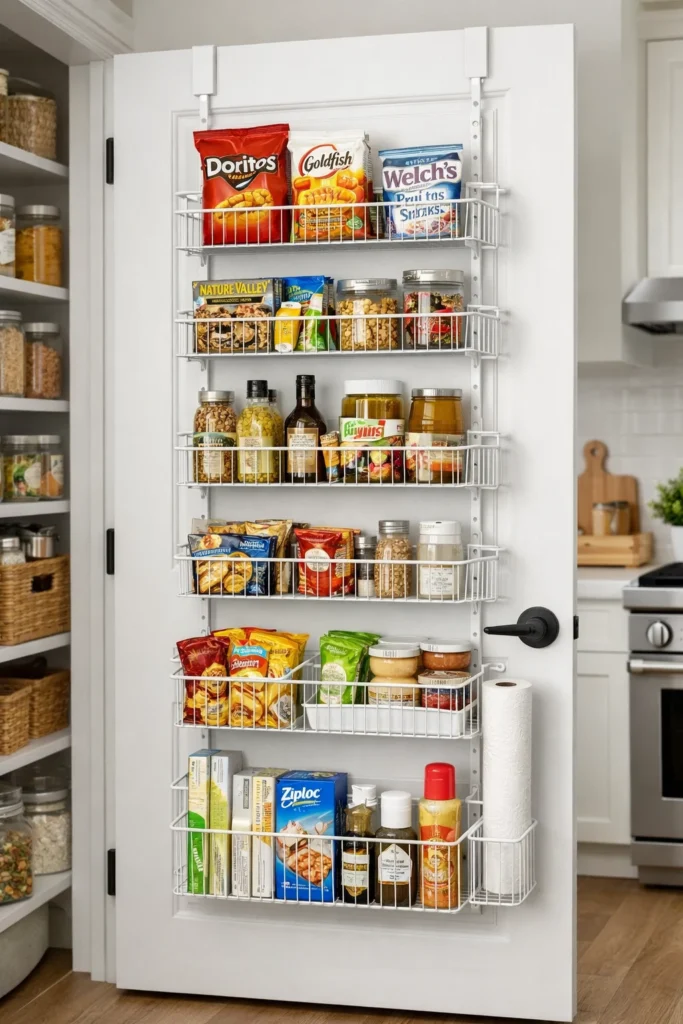 Over-door pantry organizer creating extra kitchen storage space