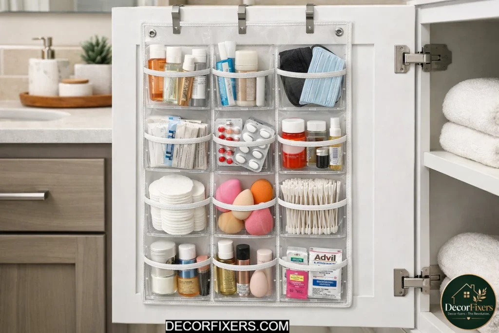 Pocket organizer hanging inside bathroom cabinet door