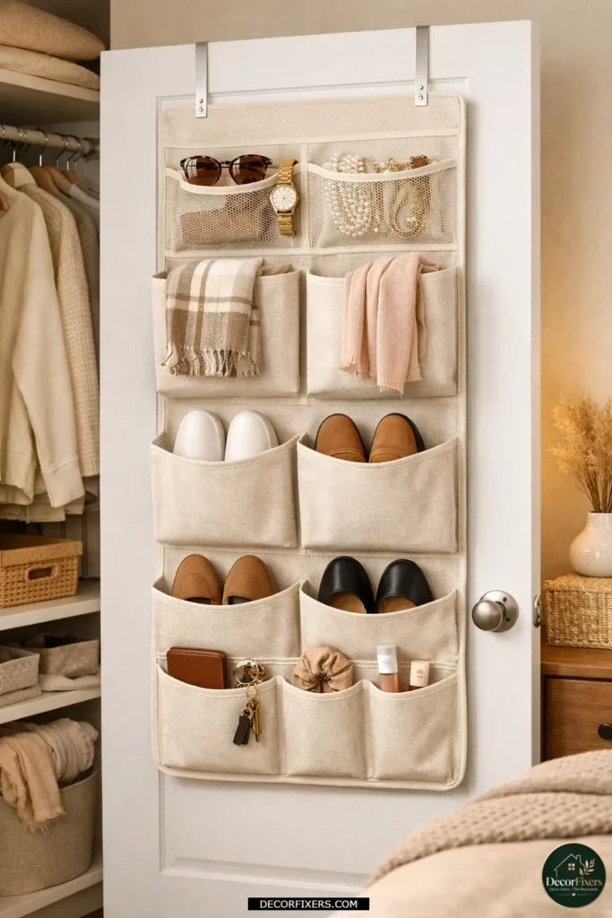 Over-the-door organizer storing shoes and accessories neatly.