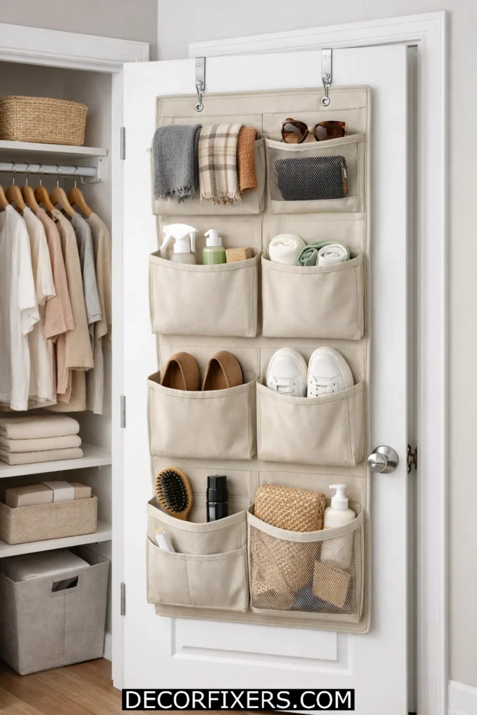Canvas over-the-door organizer adding extra storage space inside a small closet.
