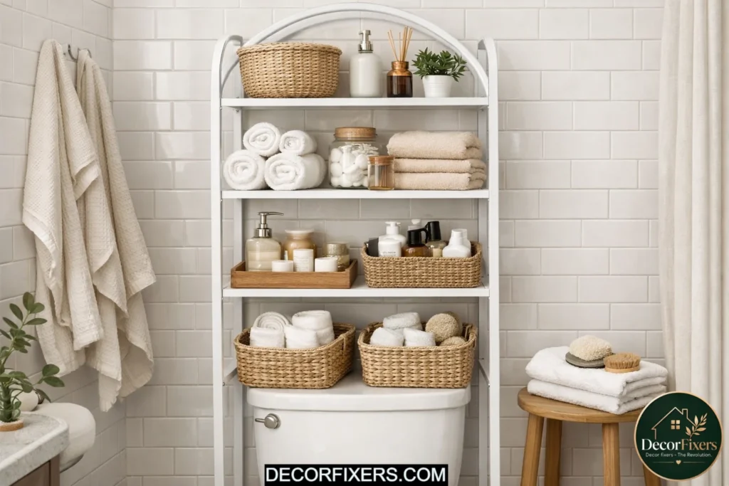 Over-the-toilet storage unit adding shelves in a small apartment bathroom