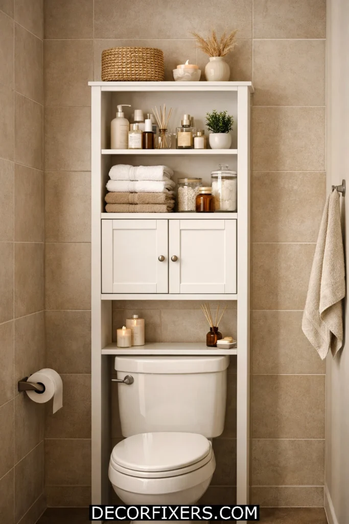 Over-the-toilet storage cabinet with towels and toiletries in modern small apartment bathroom